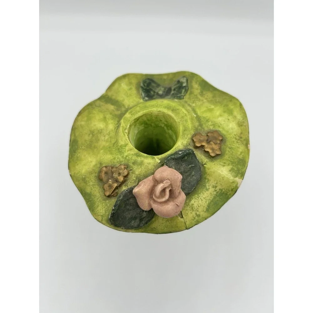 Ceramic Lady Head Bust Candle Holder Green Floral Hat Pink Roses Mid Century